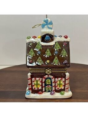 Mr. Christmas Ceramic Gingerbread House Music Box Ornament – Animated Wind-Up